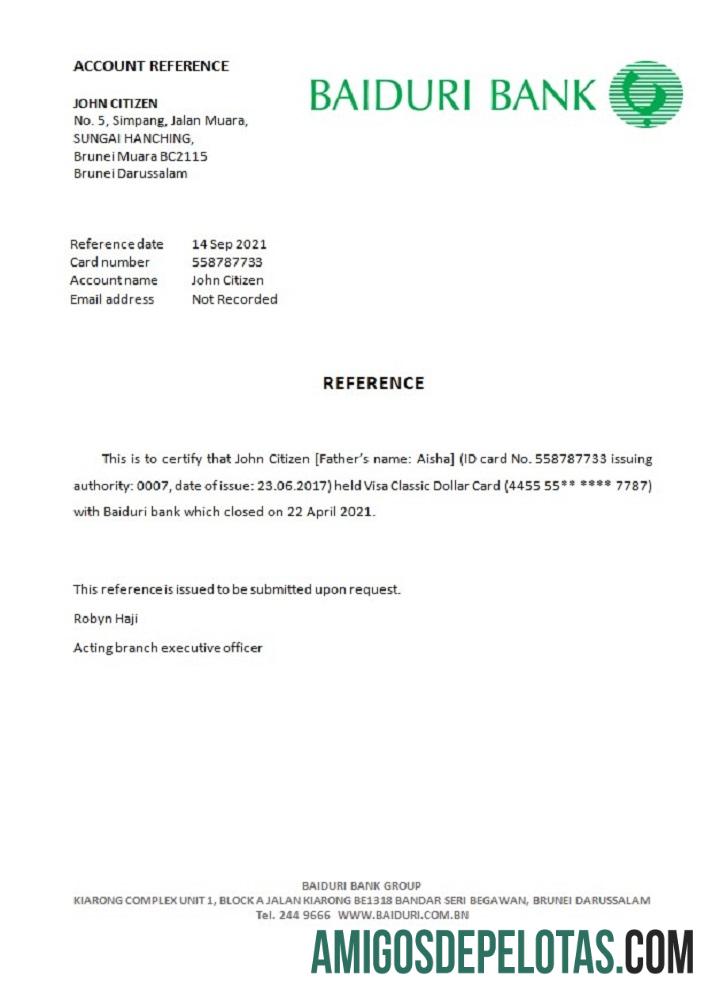 Referência de fechamento do banco Brunei Baiduri exemplo